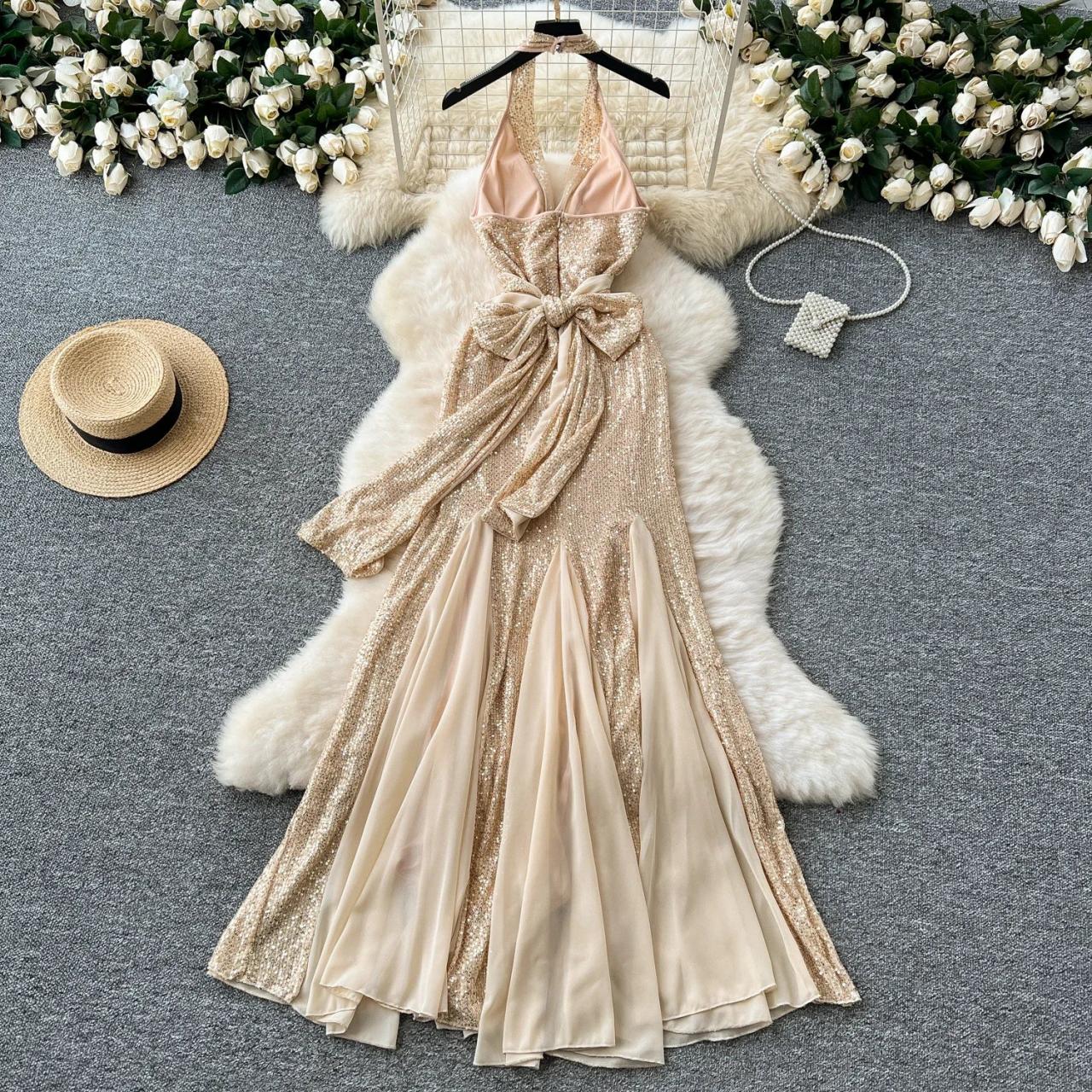 gold sequin dress with train Gold Sequin Illusion Beading Long Formal Gown with Attached Train – Modsele main image 1
