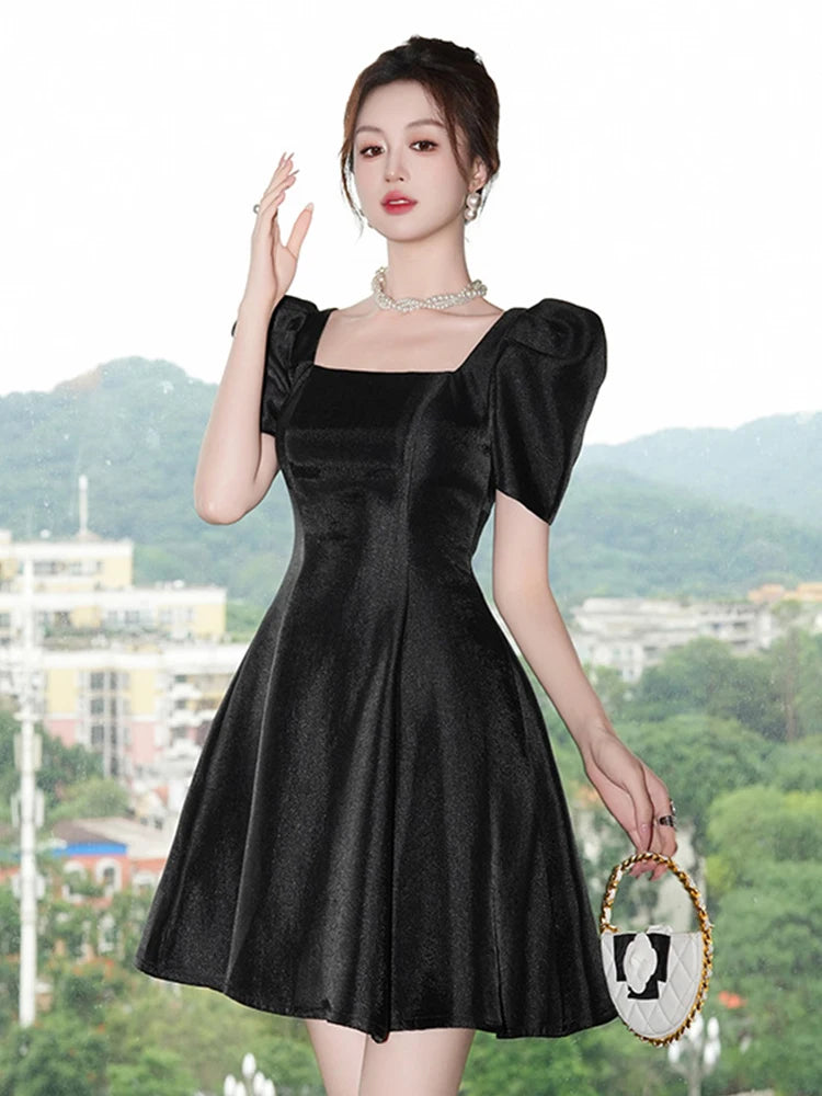 Black Puff Sleeve A-Line Party Dress