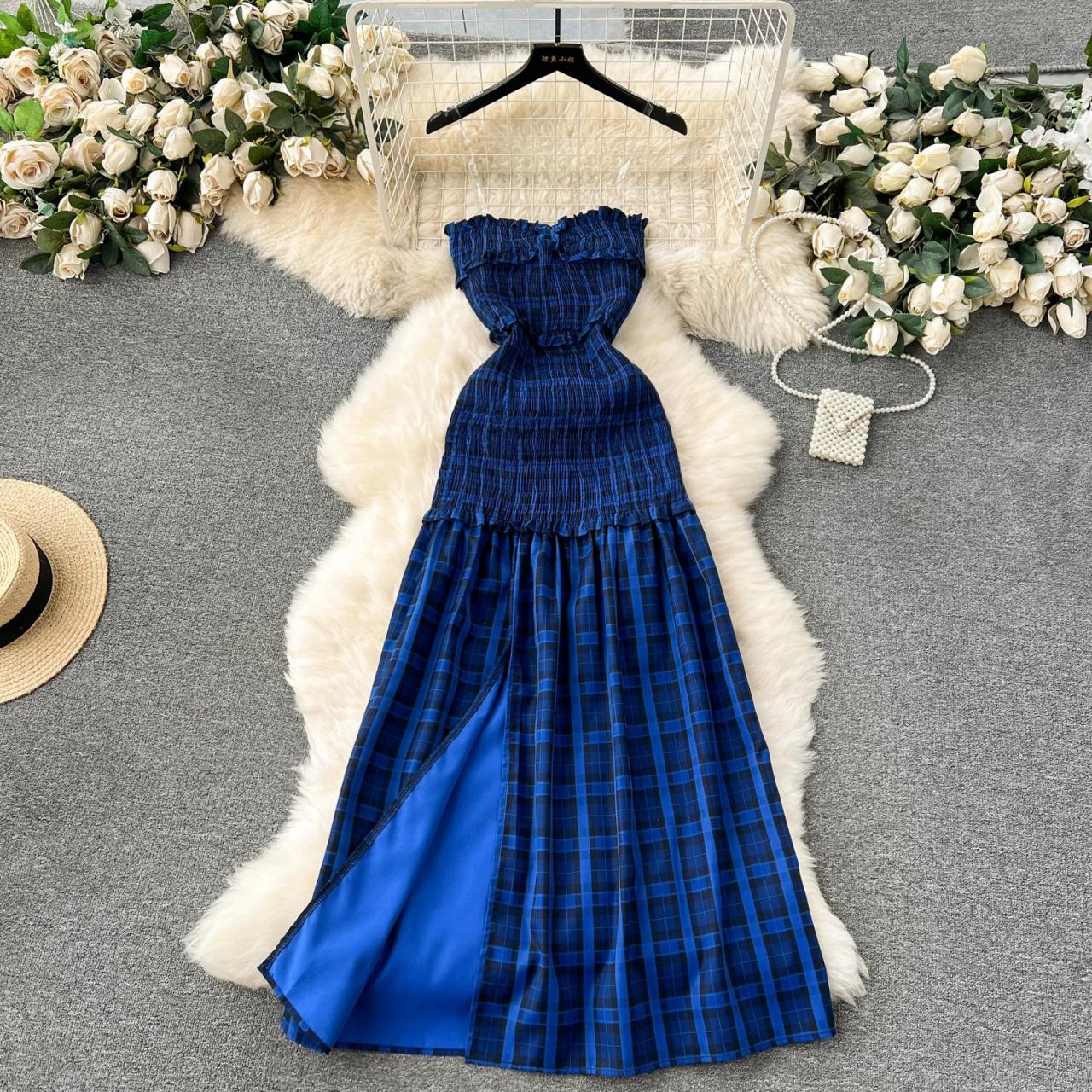 blue plaid strapless dress Blue Plaid Textured Halter Dress – Gabi Swimwear main image 1