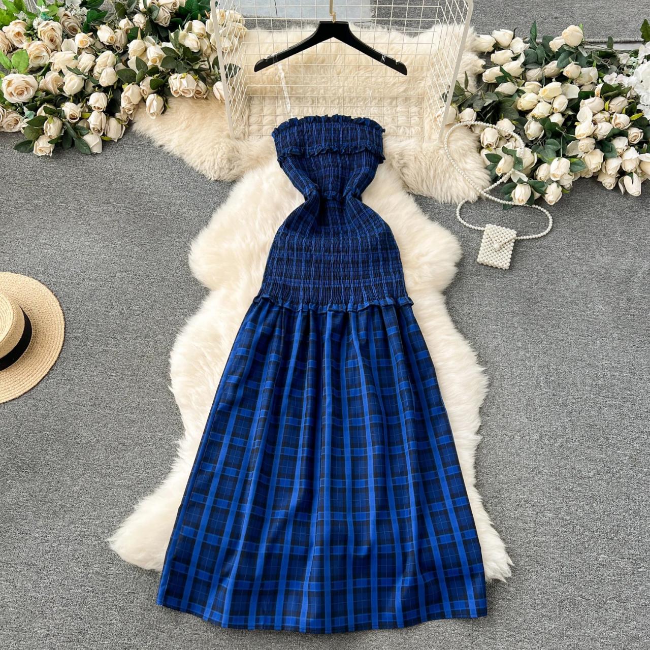 Strapless Blue Plaid Dress With Ruffle Design on Luulla