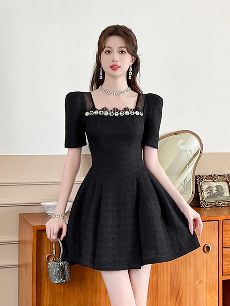 Black Puff Sleeve Dress with Beaded