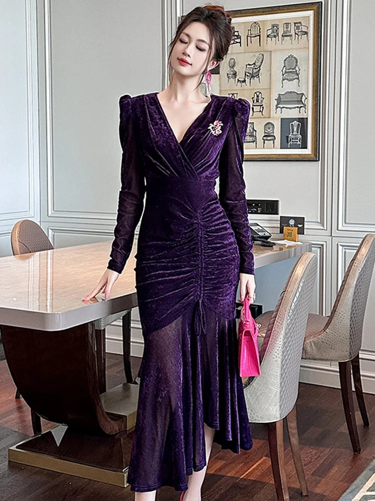 Velvet Long Sleeve Purple Ruched Party Dress