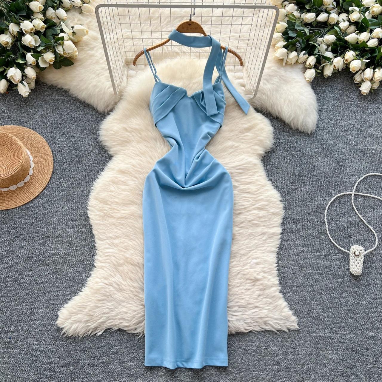 Halter Neck Blue Satin Midi Party Dress