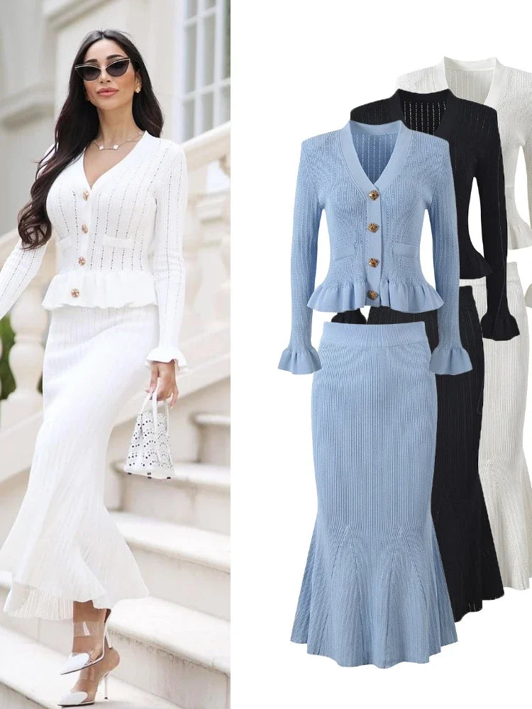 peplum dress with cardigan Navy Ribbed Knit Peplum Cardigan & Midi Skirt Set  PEGASI L