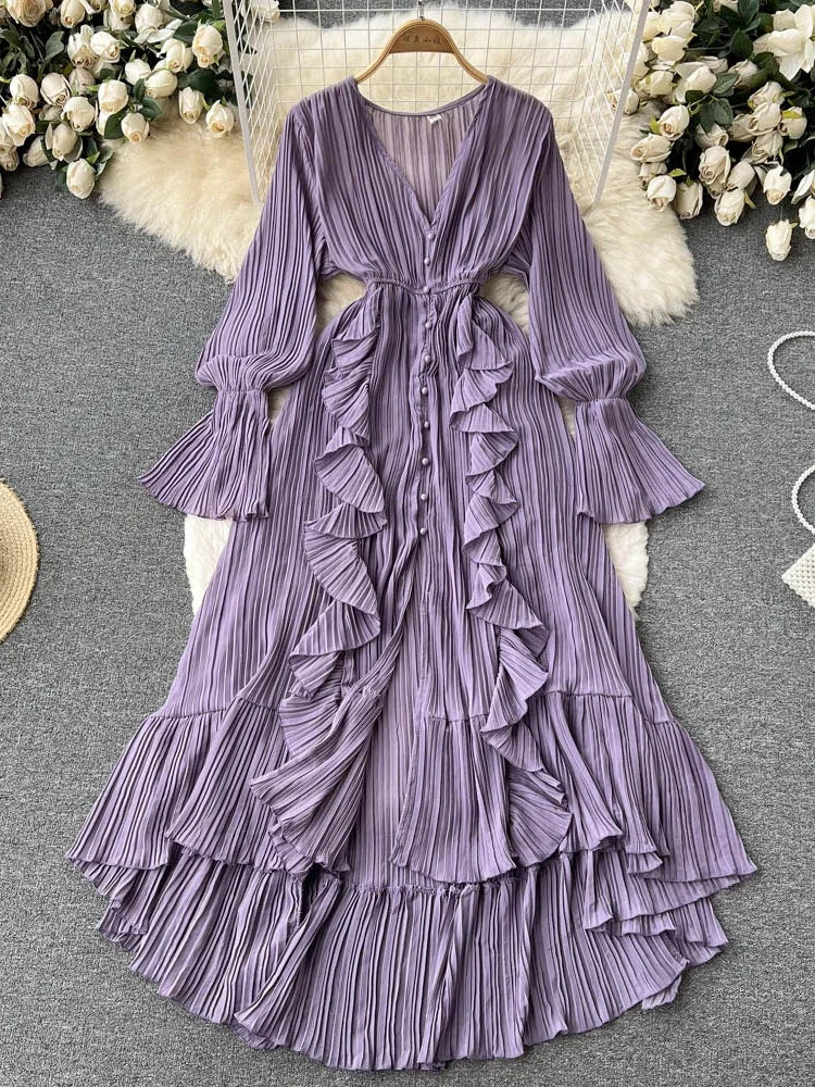Ruffled Lavender Maxi Dress with Pleated Design