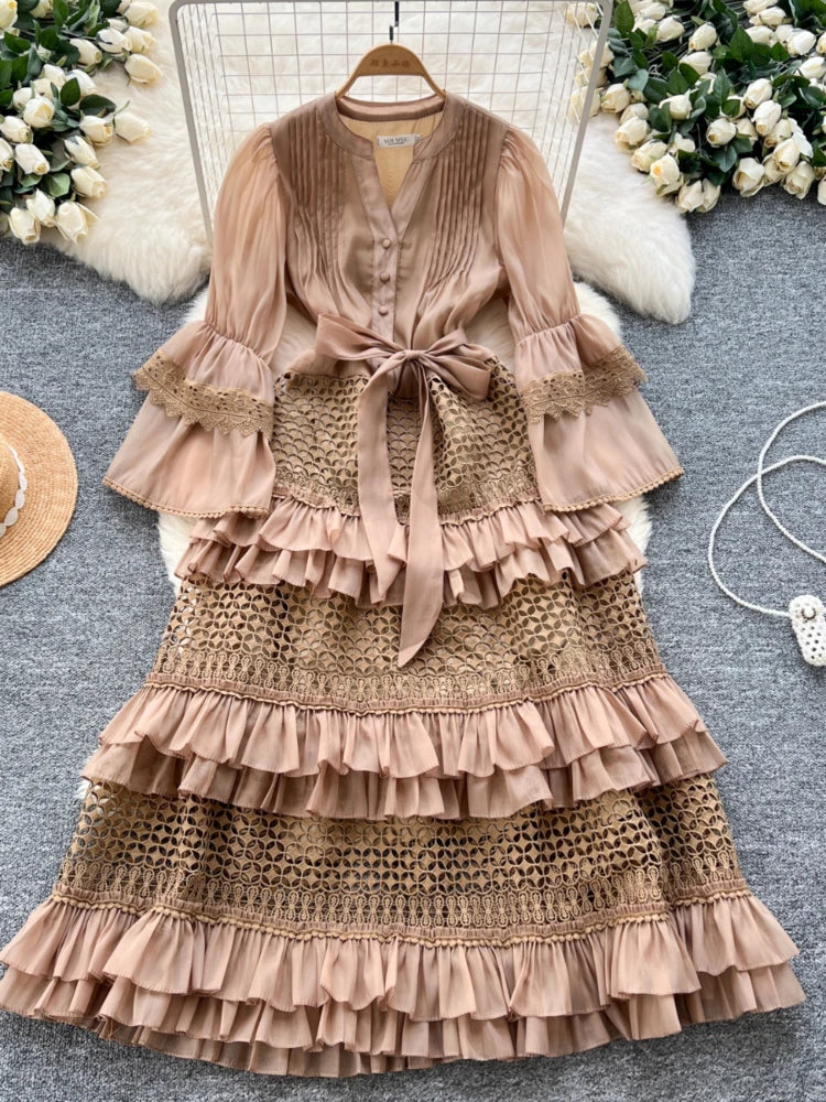 Ruffled Layered Boho Chic Dress With Belt