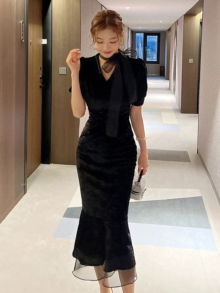 Black Puffy Sleeve Sheer Hem Formal Dress