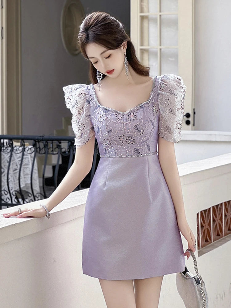 lavender lace cocktail dress Lavender Lace Puff Sleeve Cocktail Dress