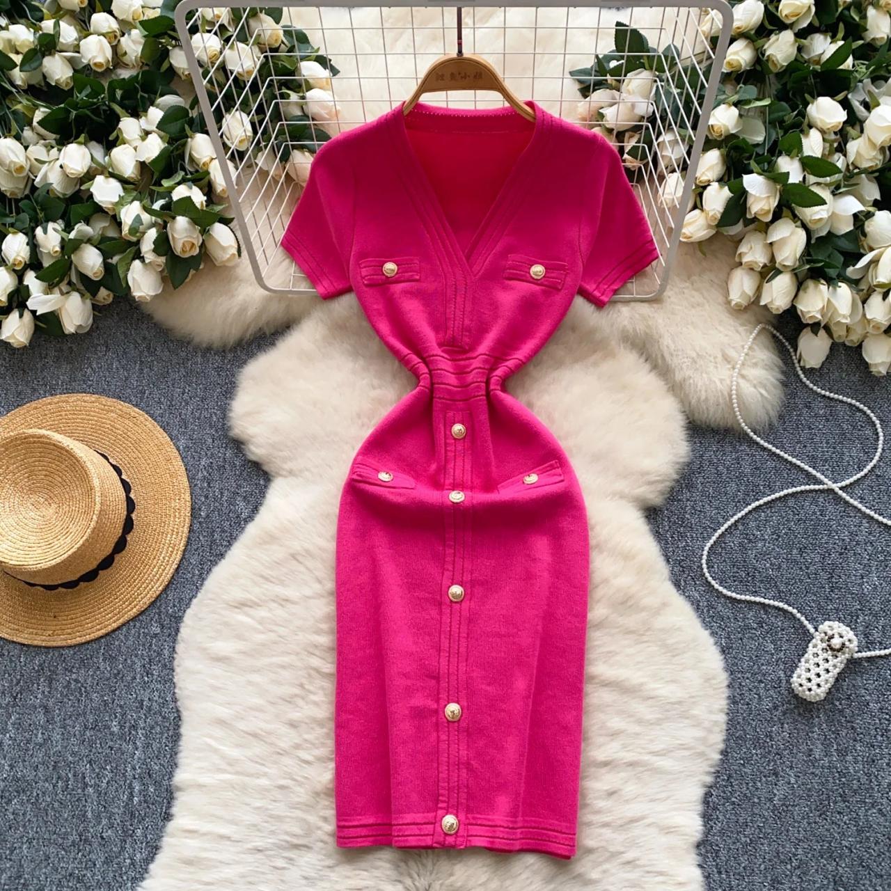 Pink Button-down V-neck Bodycon Midi Dress