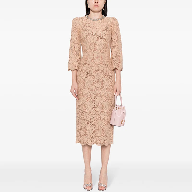 Luxury Crystal Lace Hollow Out Evening Dresses Women Summer Autumn Elegant Long Sleeve Beading Embroidery Party Midi Dress Black