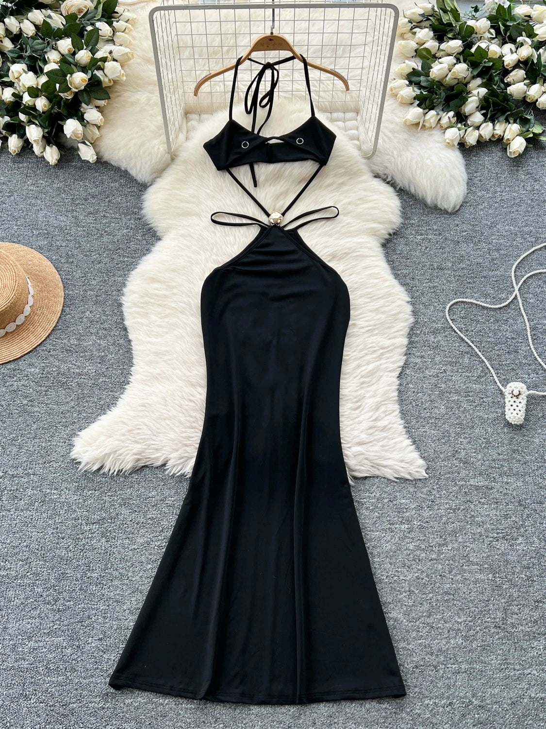 halter low back dress Rachelle Halter Low Cut Backless Dress S / Khaki
