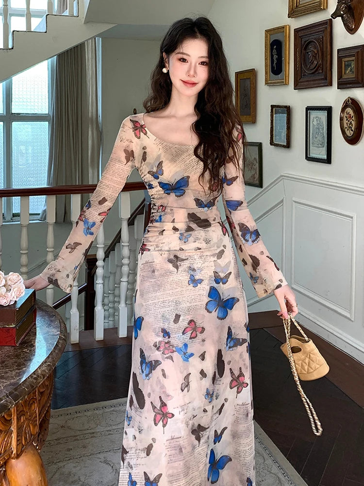 Floral Chiffon Dress with Butterfly Print Overlay