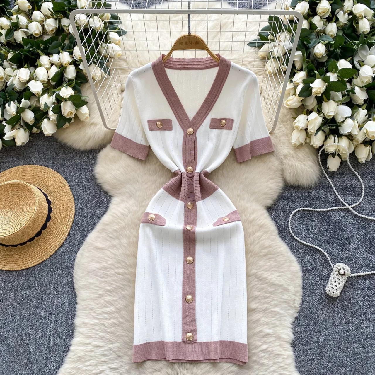 contrast trim button down knitted dress Button-front Knit With queen bedroom set