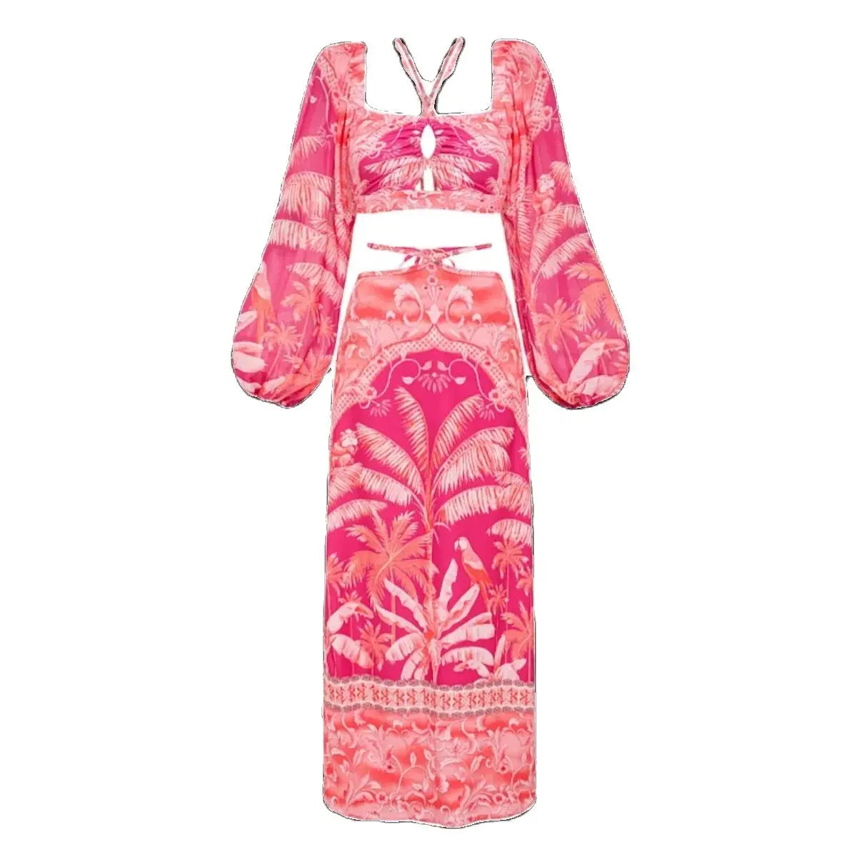 maxi dress with no slit V-Neck Ruffle Sleeveless Side Slit Tropical Print Maxi Dress