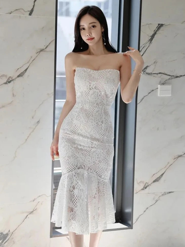 chinese dress ladies Kellan Floral Lace Strapless Linen Midi Dress main image 0