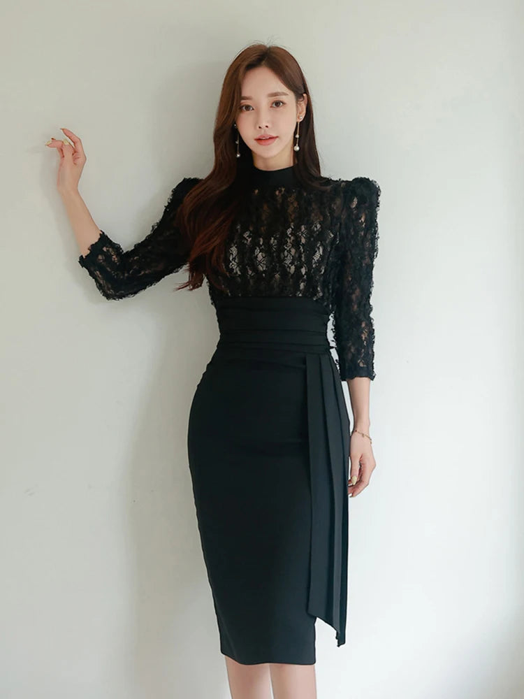 long sleeve sweater dresses Black Knitted Side Slit Midi Dress
