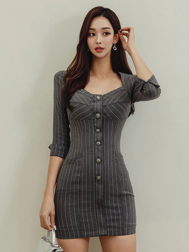 Striped Button-front Slim-fit Dress With Sleeves