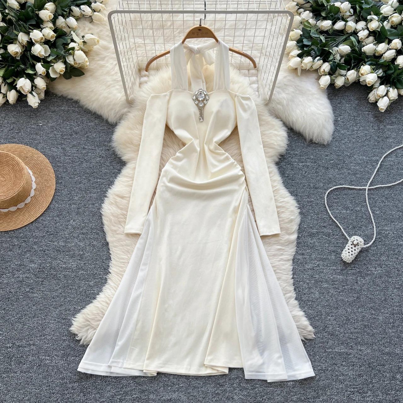 Halter-style Long Sleeve White Evening Gown on Luulla