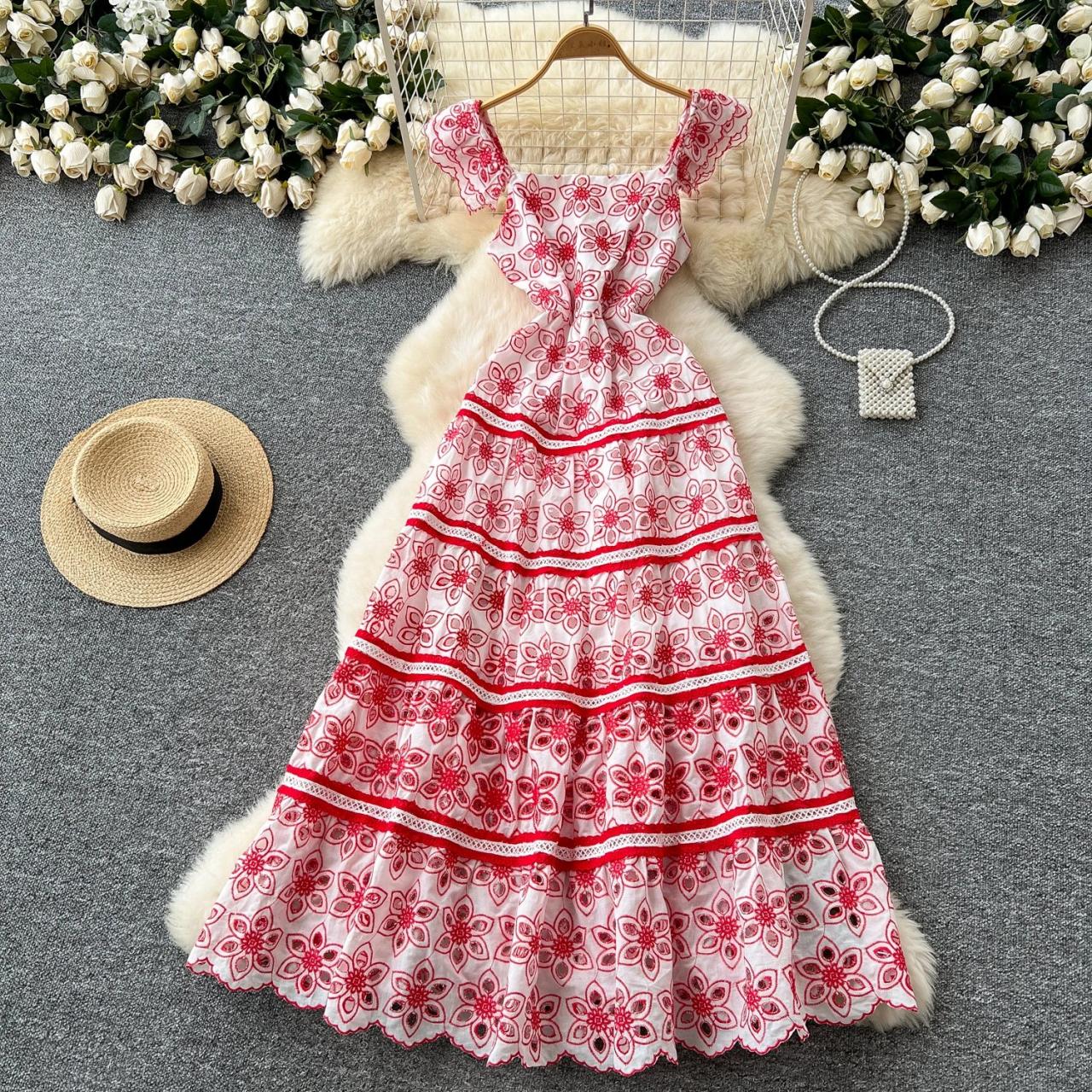 Floral Embroidered Red White Maxi Dress