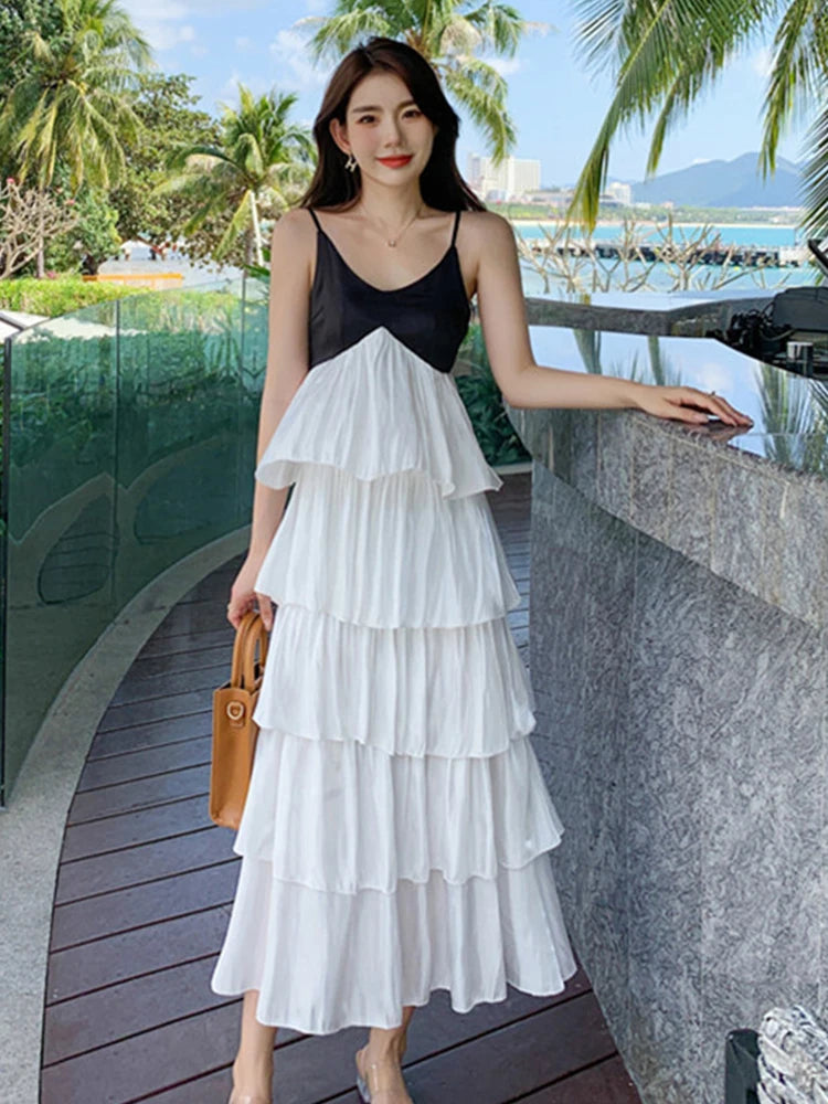 Layered V-neck Black And White Summer Dress