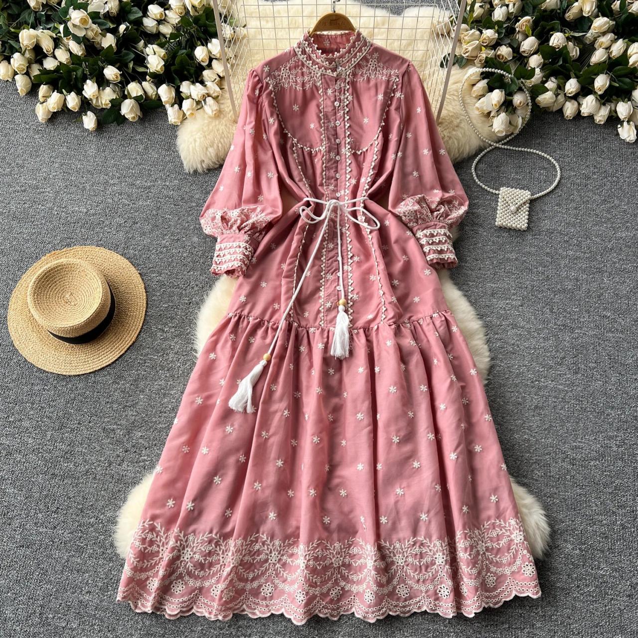 Vintage Floral Long Sleeve Embroidered Maxi Dress