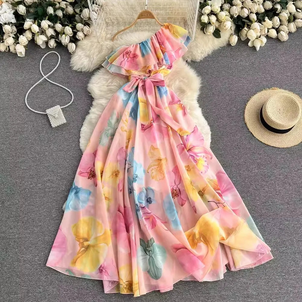 chinese dress ladies One-Shoulder Ruffle Hem Maxi Dress