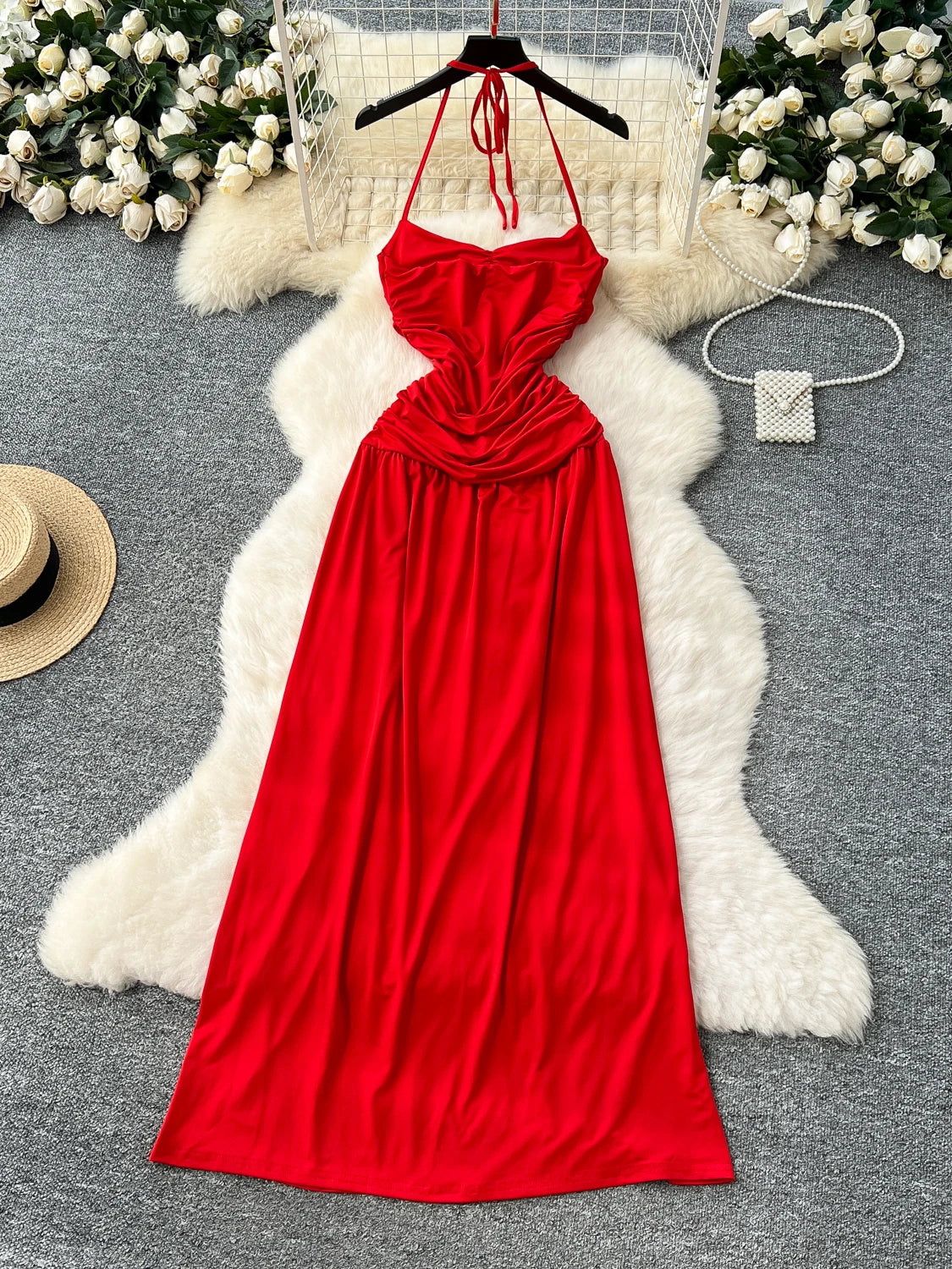backless dress halter chain strap open back halter dress White / MEDIUM