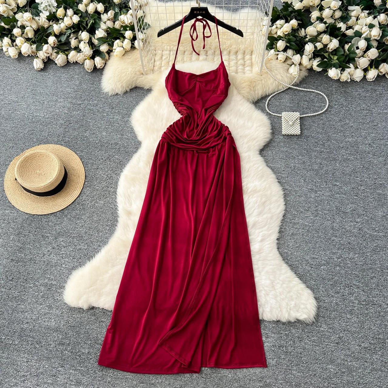 slim fit dress slacks Aiglantine Halterneck Ruched Maxi Dress