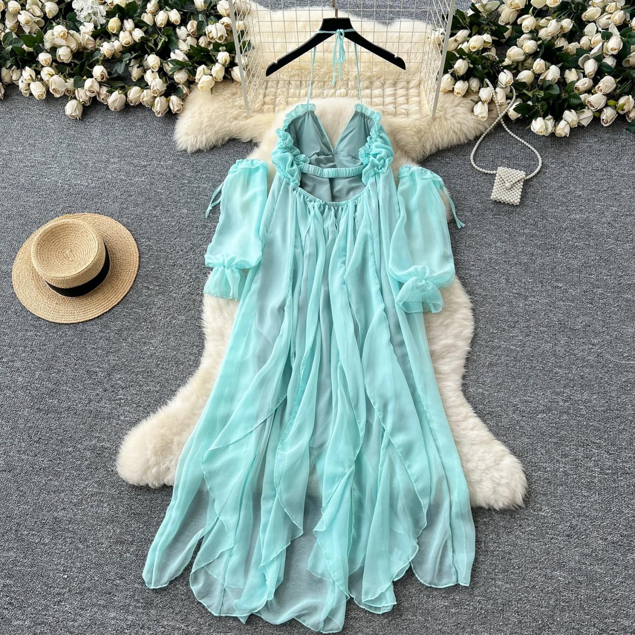 Flowing Aqua Sheer Chiffon Long Sleeve Dress