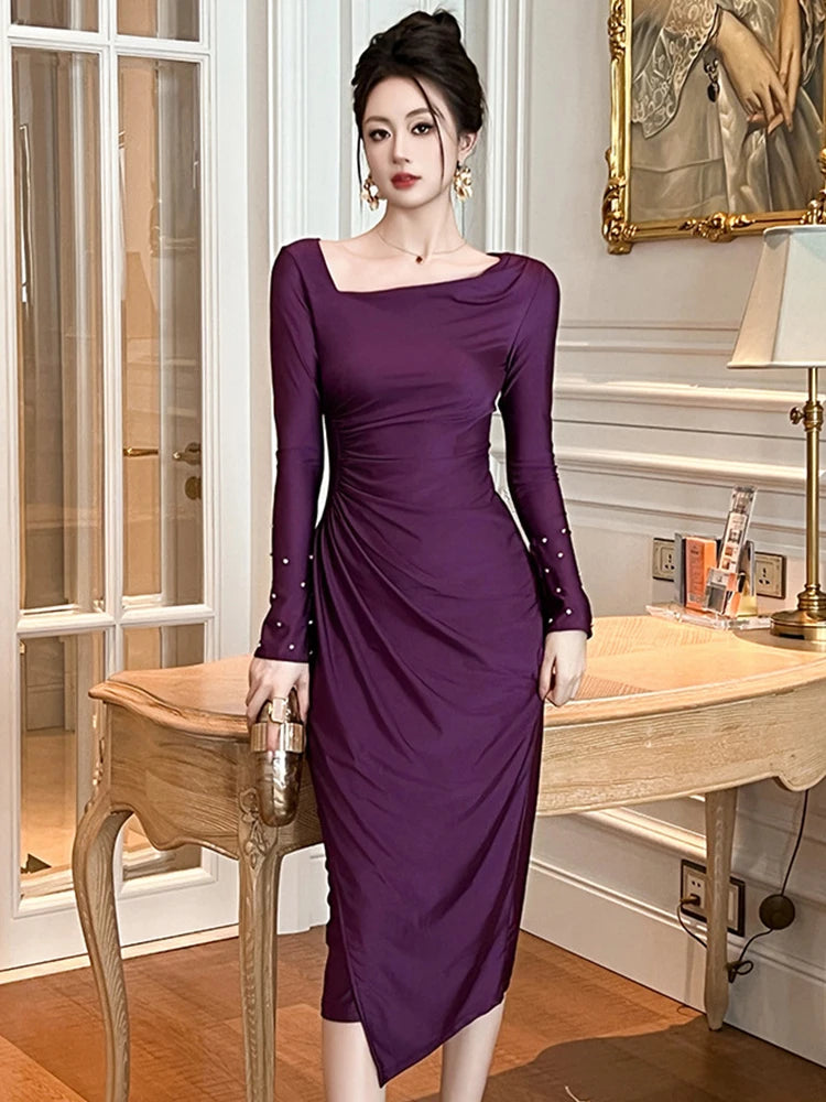 purple asymmetrical dress Satin Asymmetric Rouched Maxi Dress – Noraya