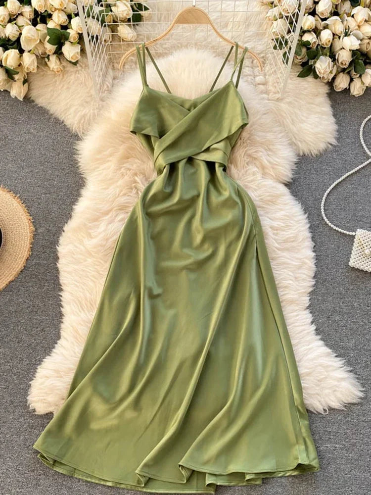 navy blue dress for baby girl Satin Spaghetti Strap Green Backless Summer Dress