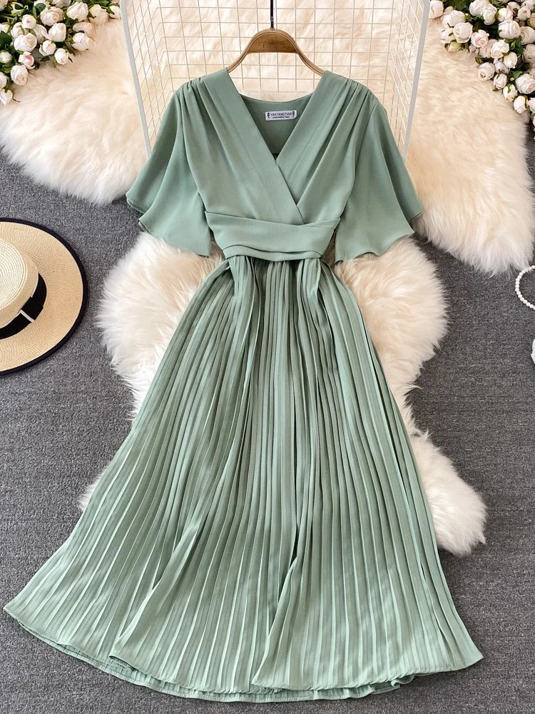 open lace back dress Mint Green Pink Chiffon Pleated Midi Dress – shopaleena main image 0