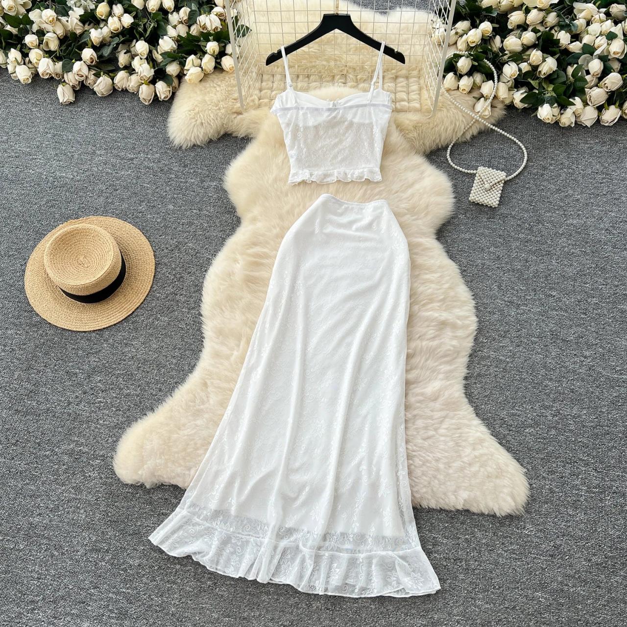 Lace-trimmed White Spaghetti Strap Maxi Dress
