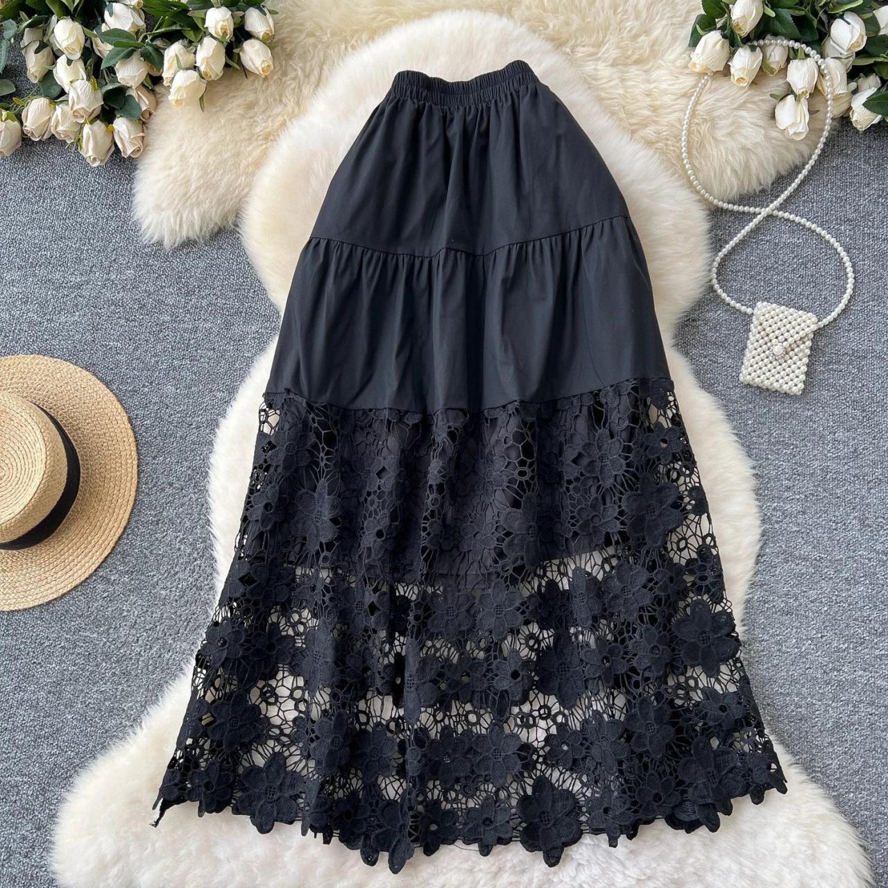 Black Lace Maxi Skirt With Floral Overlay on Luulla