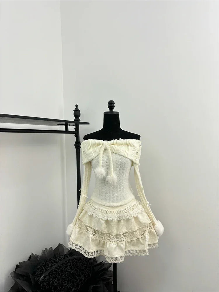 Off-shoulder Winter Knit Dress With Lace Trim