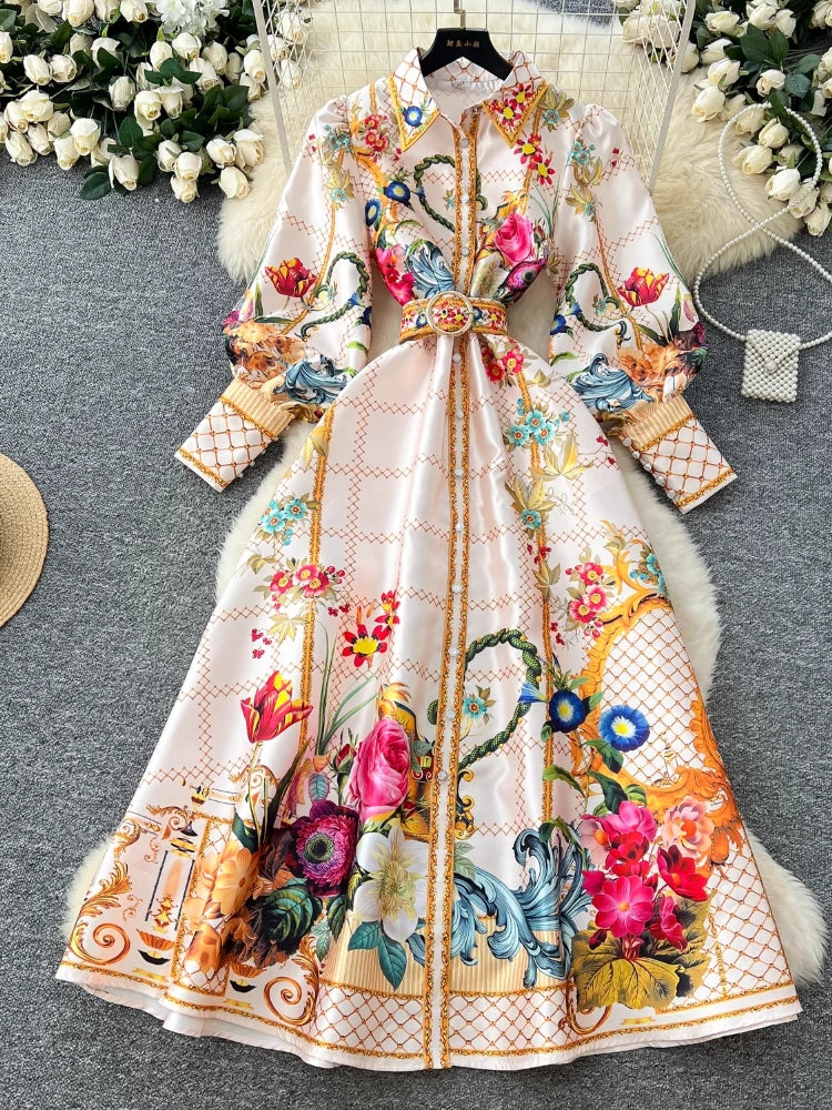 Floral Long Sleeve Belted Maxi Dress