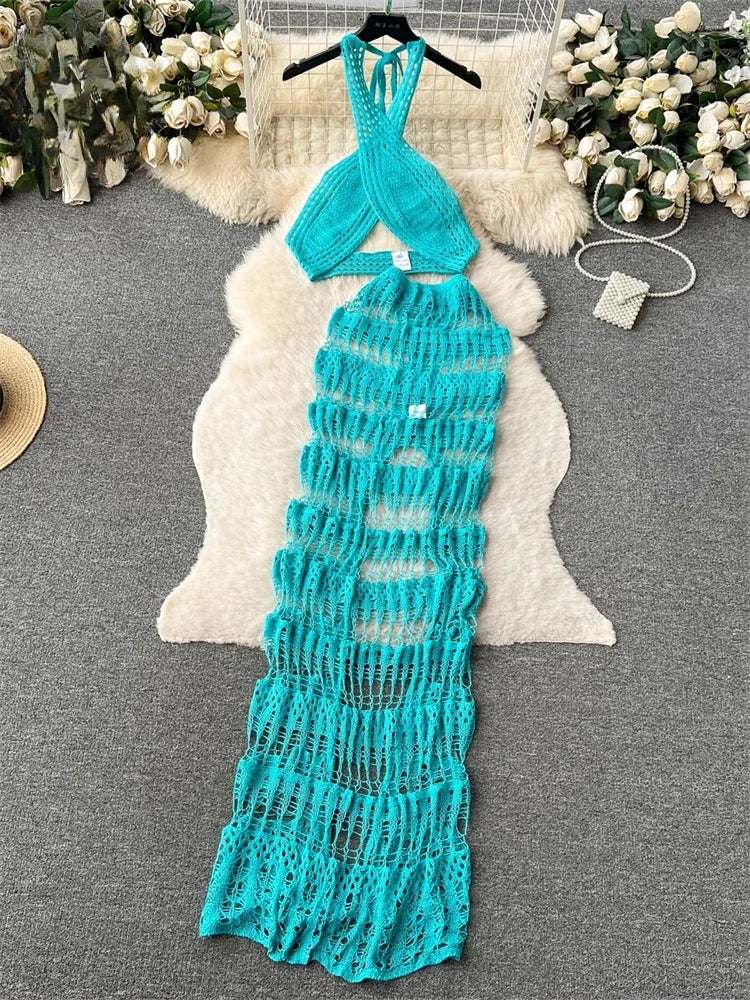 turquoise crochet dress Turquoise Crochet Halter Neck Maxi Dress Beachwear