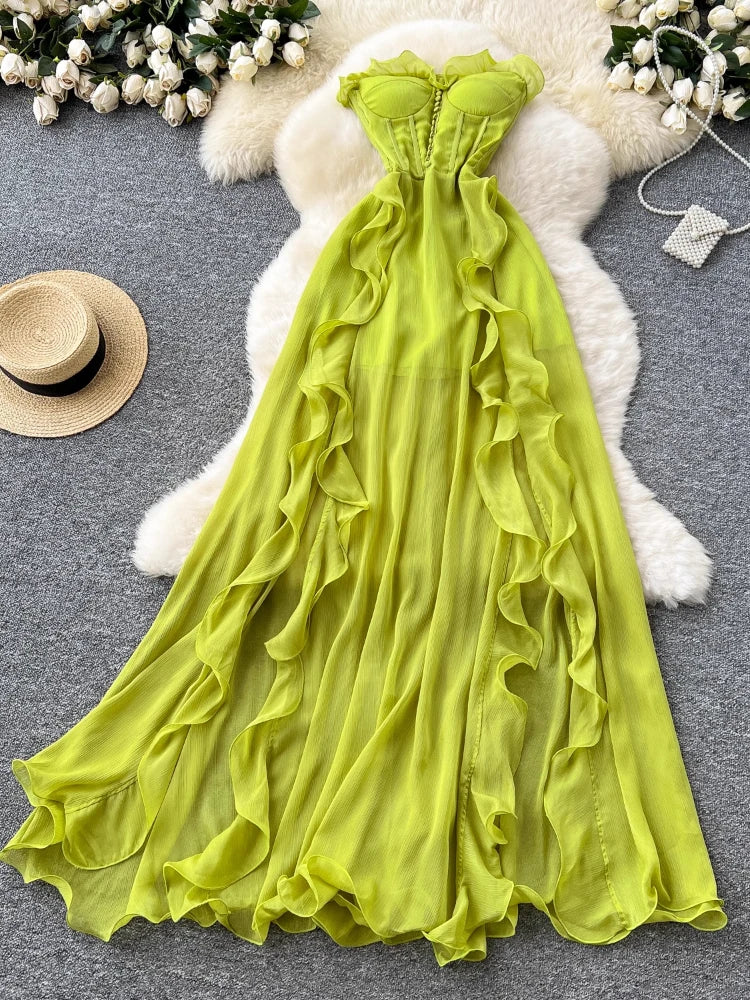 Ruffled Lime Green Strapless Maxi Summer Dress