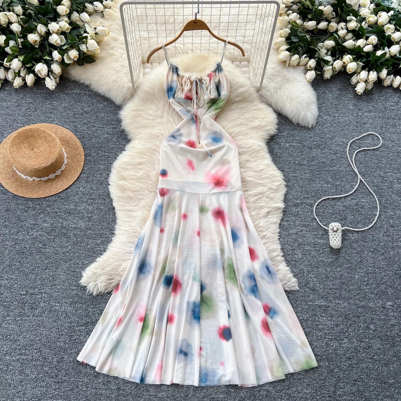 Colorful Tie-dye Halter Maxi Dress With