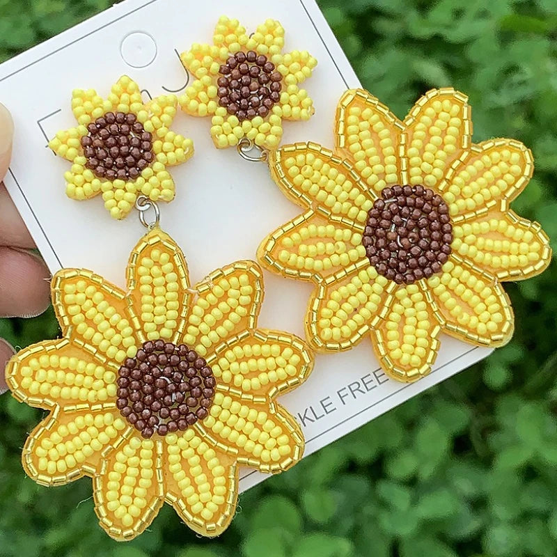 Handcrafted Beaded Sunflower Earrings With Studded Details