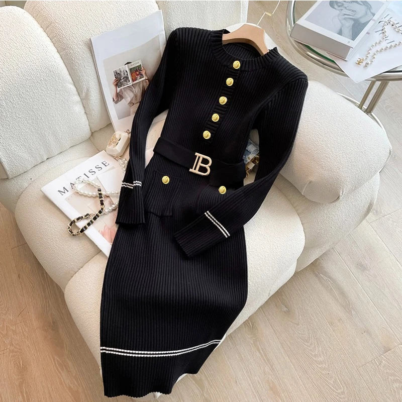 Black Ribbed Knit Dress With Gold Buttons