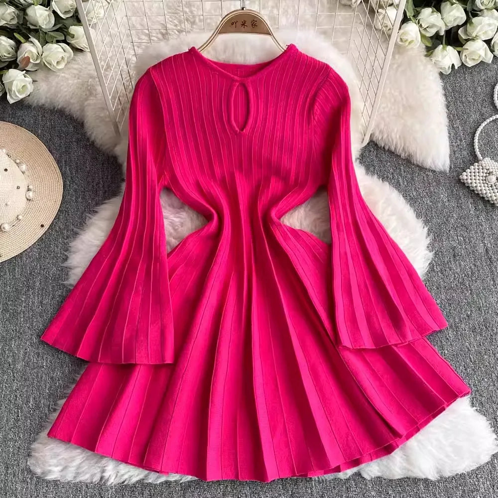 flared sleeve knit dress White Ribbed Knit Flare Sleeve Sweater Dress