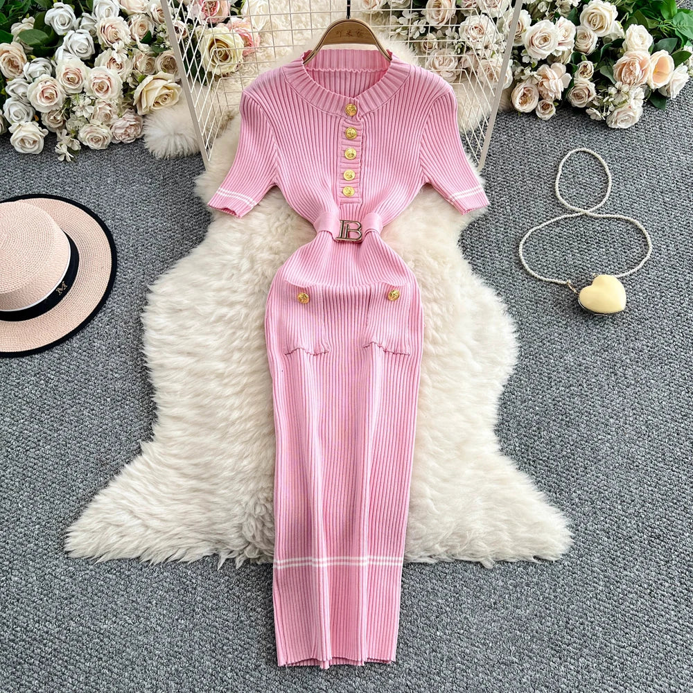 pink dress with gold buttons Marcella Blush Knit Flare Mini Dress | Elegant Pink Dresses