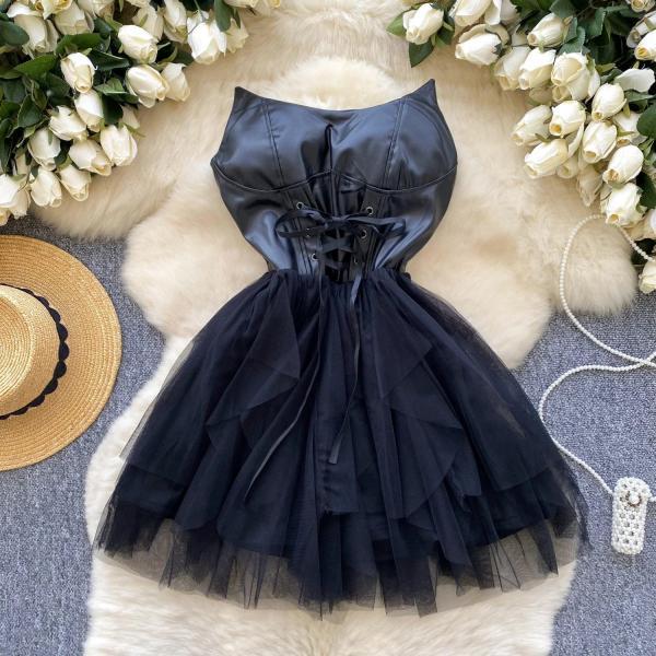 black corset dress with tulle skirt Polka Dots Black Tulle Dress with Corset Bodice Tea Length Prom Dress ARD2673