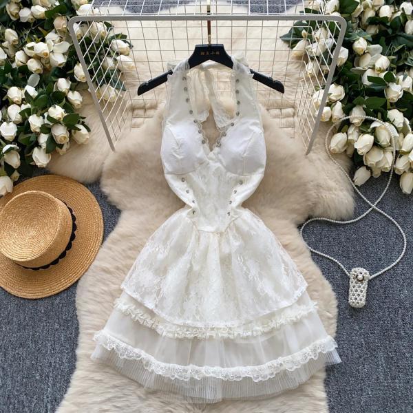 lace panel layered ruffle halter dress Front Lace-Up Ruffle Halter Mini Dress – VintageMist main image 1
