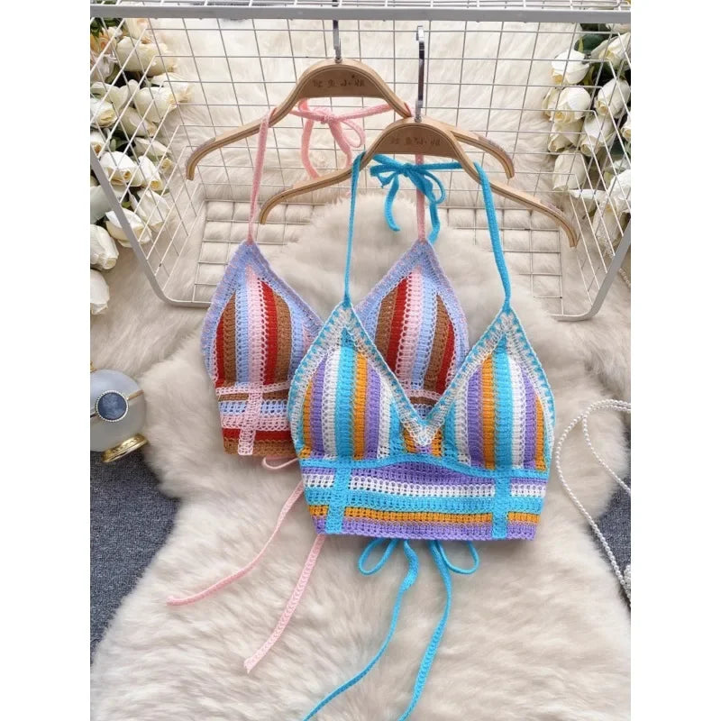 Vibrant Multicolor Striped Crochet Halter Top on Luulla